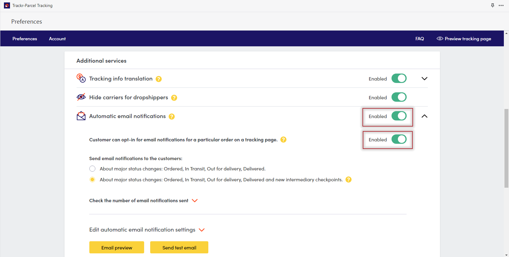 emain notifications about parcel location and order status