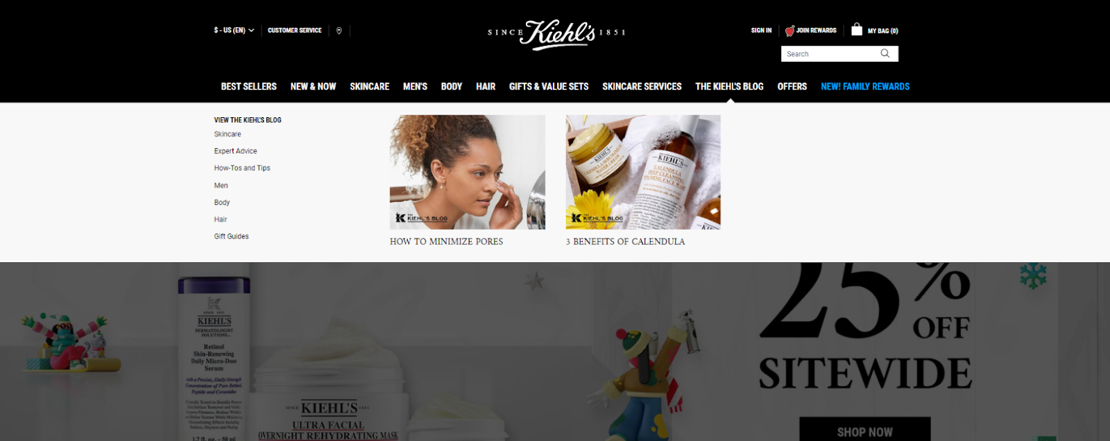 Kiehl's site navigation